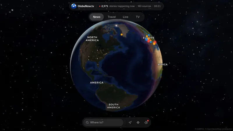 Screen recording: the 3D globe turns toward Europe, a news dot is tapped and the video opens in a side panel